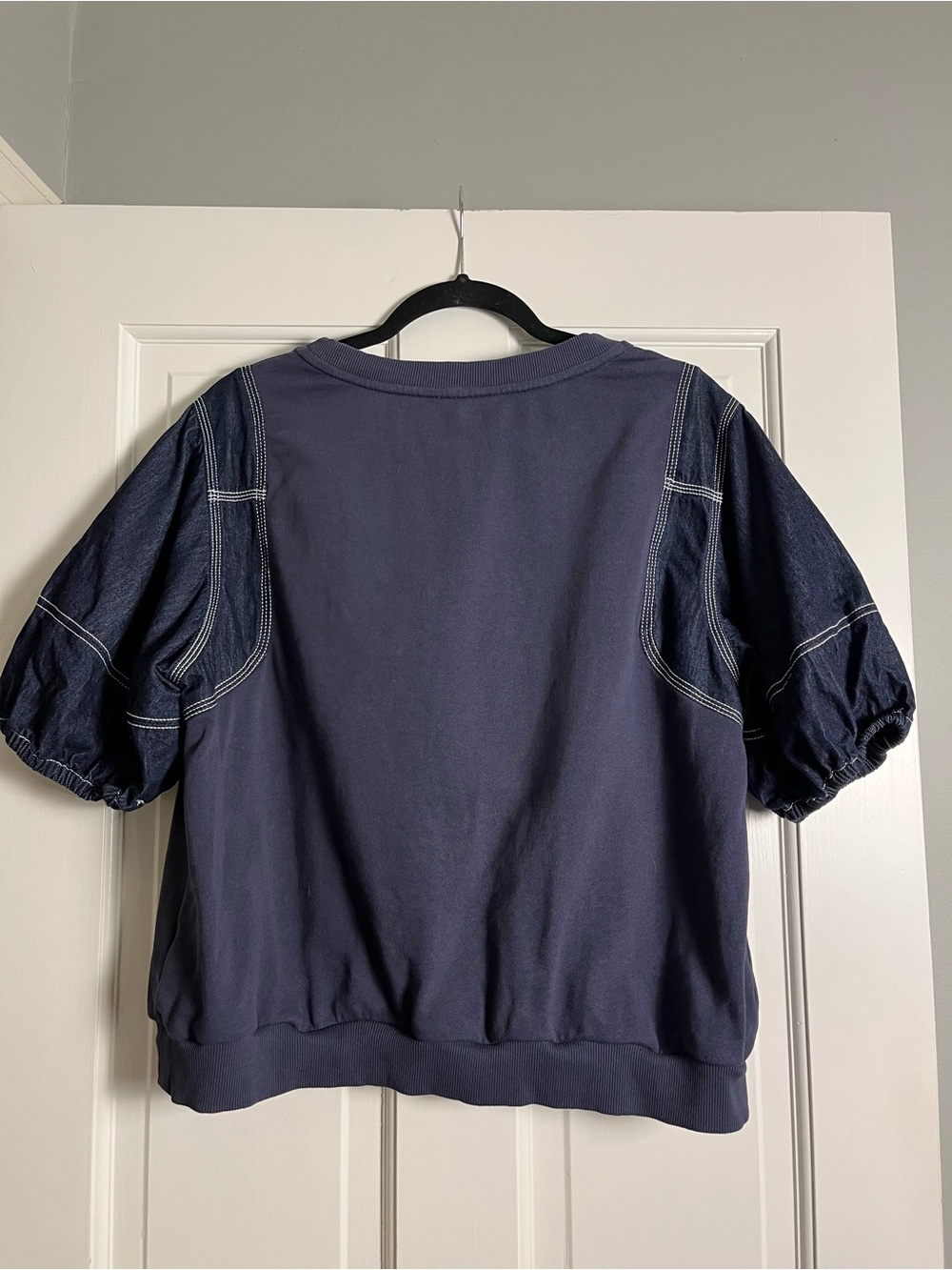 Anthropologie PILCRO Twofer Sweatshirt with Denim Puff Sleeves & White Stitching - Picture 4 of 9